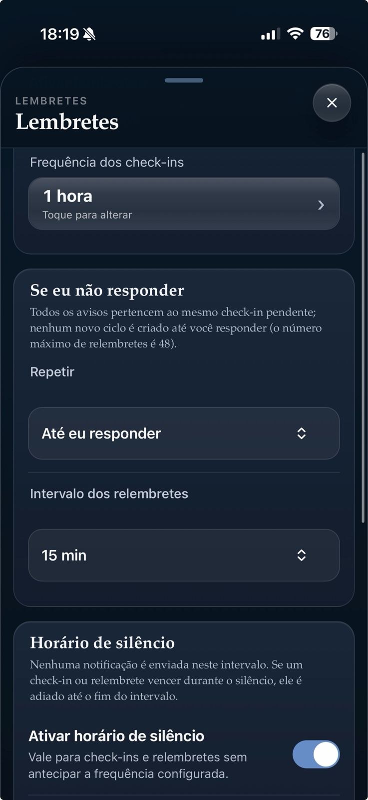 Tela de configuração de lembretes do aplicativo Dentes no iPhone